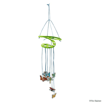 A hanging mobile with green top and butterfly and bug elements on a white background