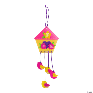 Colorful Birdhouse mobile with floral designs on a transparent background