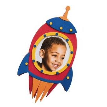 Colorful rocket-shaped picture frame with a child's face inside on a transparent background
