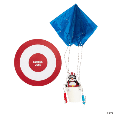 Parachute gravity kit with a penguin character and a 'Landing Zone' target on a transparent background