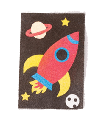 Sand art with a colorful rocket design on a brown background