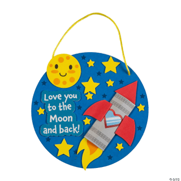 Decorative sign with a rocket and moon design, featuring the text 'Love you to the moon and back!'.