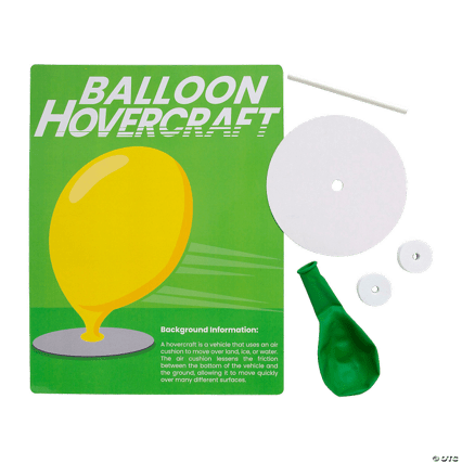 Balloon hovercraft kit with green box, balloon, and bottles on a clear background