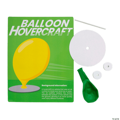 Balloon hovercraft kit with green box, balloon, and bottles on a clear background