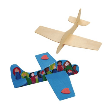 Wooden airplane model with colorful cut-out figures on a transparent background