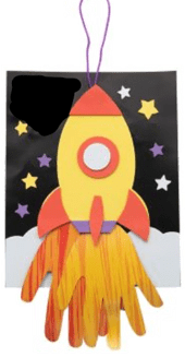 Colorful hand print rocket ship illustration on a black background with stars