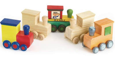 Wooden  train set with colorful cars on a white background