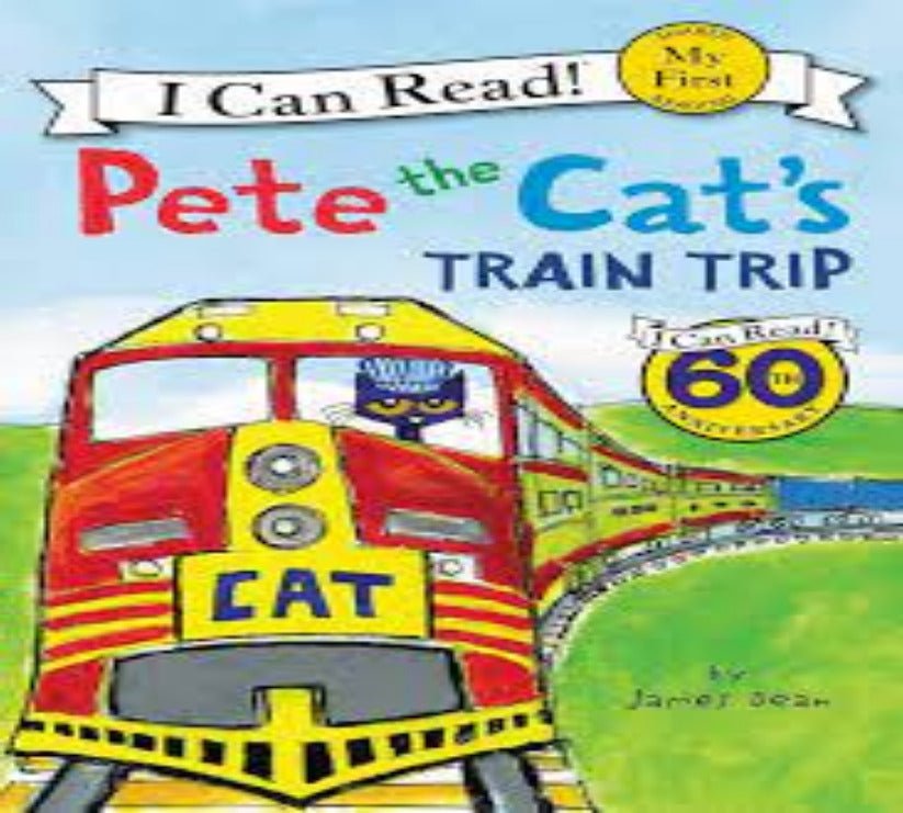 Book cover of 'Pete the Cat's Train Trip' with a colorful train and cat illustration.