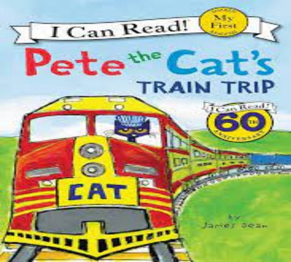 Book cover of 'Pete the Cat's Train Trip' with a colorful train and cat illustration.