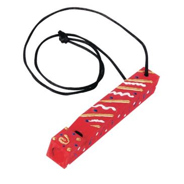 Red train whistle with a black cord on a transparent background