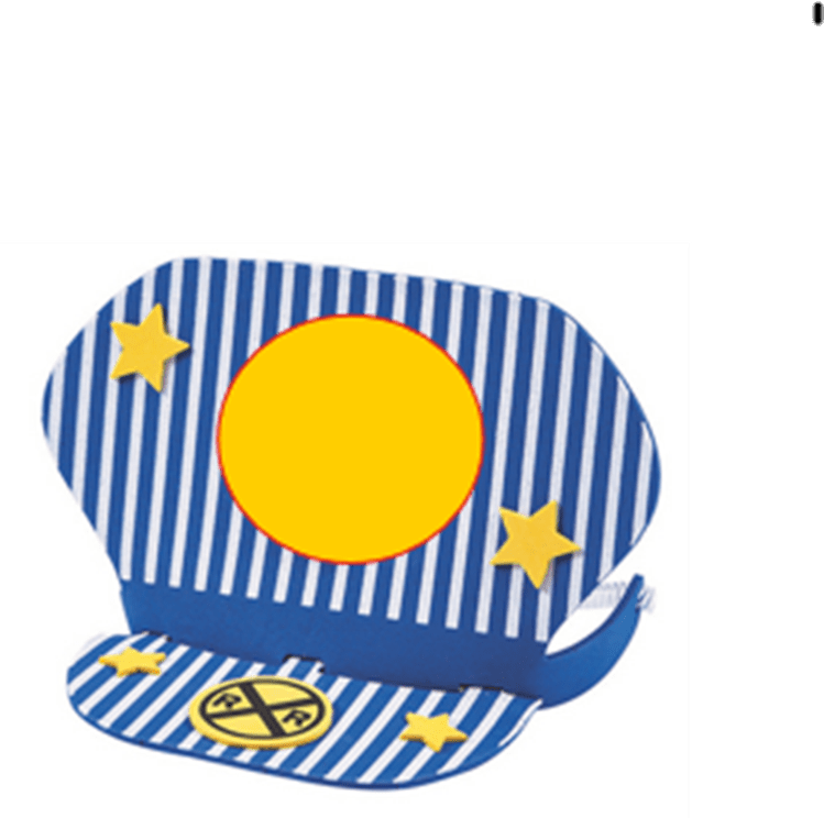 Blue and white striped conductors cap with yellow circle and stars on a white background