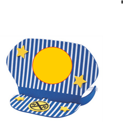 Blue and white striped conductors cap with yellow circle and stars on a white background
