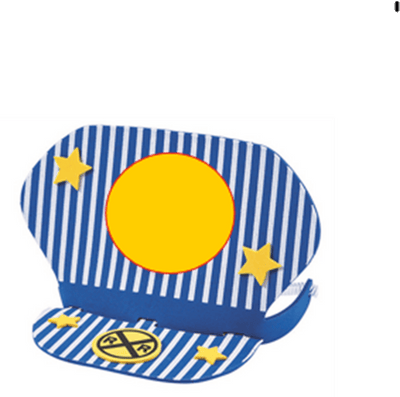 Blue and white striped conductors cap with yellow circle and stars on a white background
