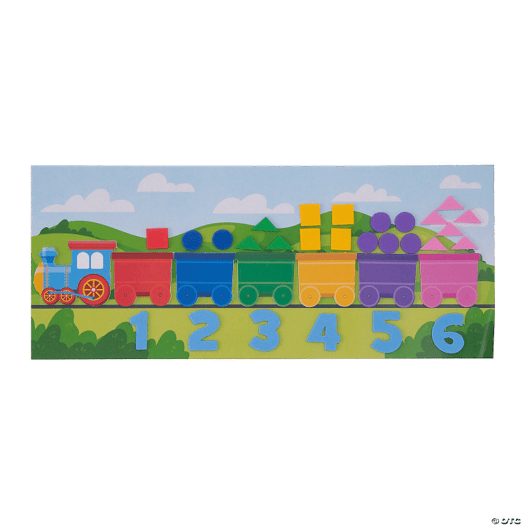 Colorful train with numbered cars on a green landscape background