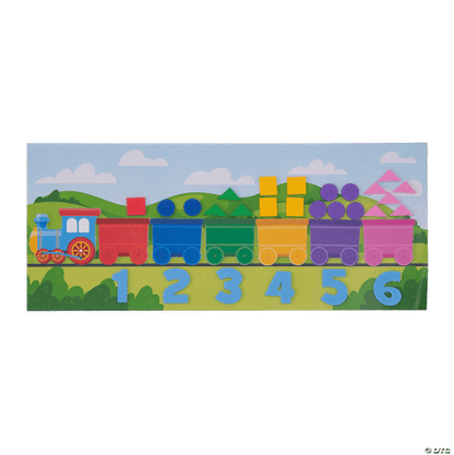 Colorful train with numbered cars on a green landscape background