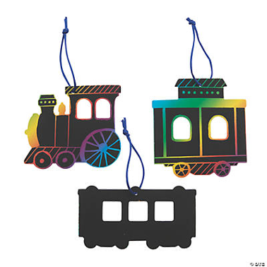 Colorful train-shaped scratch art with black silhouette on a white background