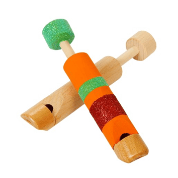 Wooden train whistle with green, orange, and red sections on a white background