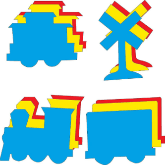 Colorful train-shaped cutouts with blue, red, and yellow colors on a white background.