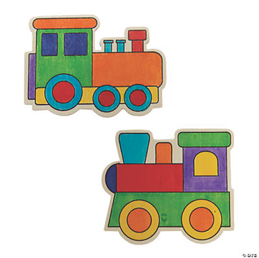 Two colorful train-shaped cutouts on a white background