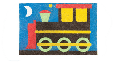 Colorful train sand art with a blue sky and moon background
