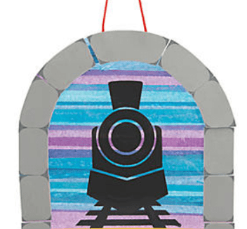 Decorative arch with a train design on a white background