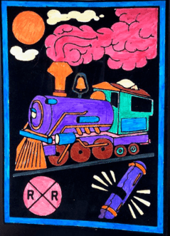 Colorful train drawing on a black background with a logo in the corner.