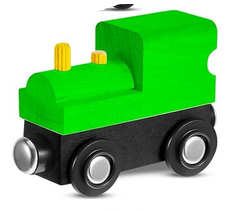 Train engine with green top and black body on a white background