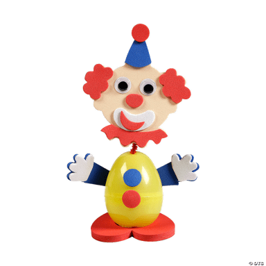 Colorful bobble head clown craft on a white background.