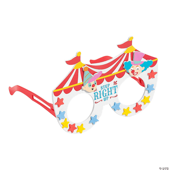 Red circus glasses with foam decorations on a white background.