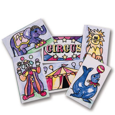 Colorful circus-themed paint-a-dot crafts featuring an elephant, clown, lion, and seal on a white background.