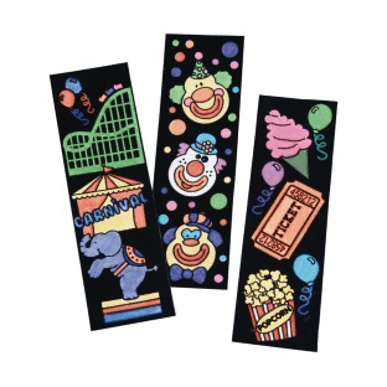 CYO velvet bookmarks with circus-themed illustrations on a transparent background.