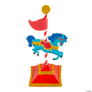 Decorative carousel, blue horse, red base, and yellow accents, on a white background