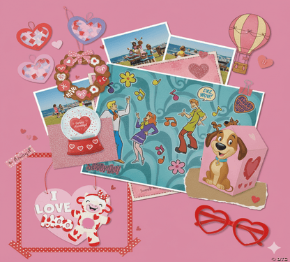 Valentine's Day-themed items including cards, a snow globe, and decorative elements on a pink background.