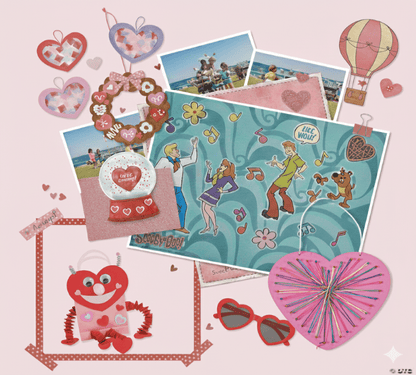 Collection of Valentine's Day-themed items including cards, decorations, and sticker scene on a pink background.