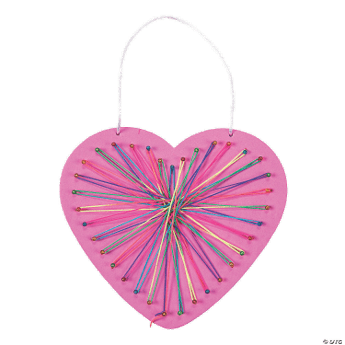 Heart-shaped pink craft with colorful yarns on a clear background