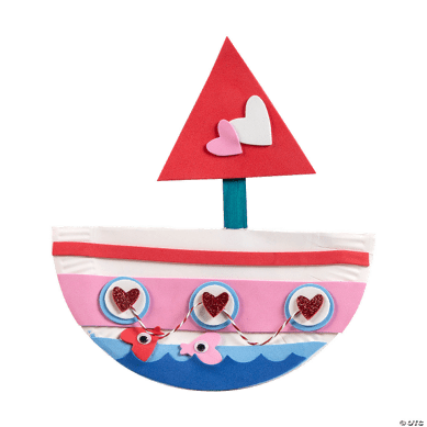Colorful toy boat with a red sail and heart decorations on a transparent background
