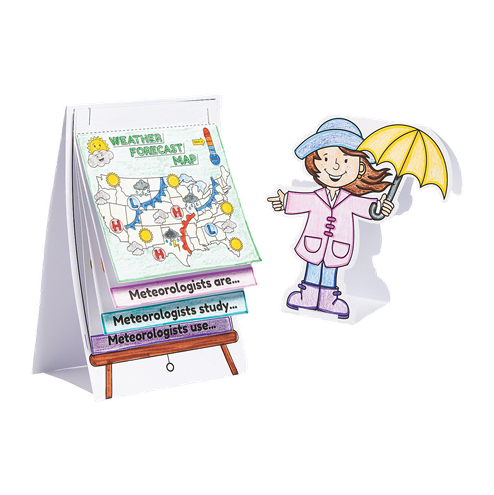 Educational children's book about meteorologists with a weather map and character holding an umbrella.