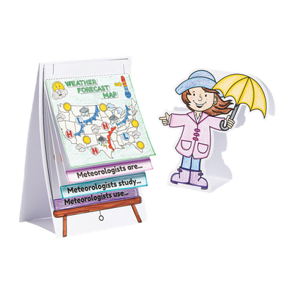 Educational children's book about meteorologists with a weather map and character holding an umbrella.