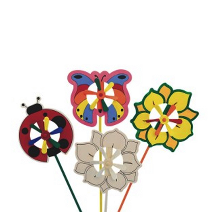 Colorful wind spinners shaped like a butterfly, ladybug, and flower on sticks against a white background.