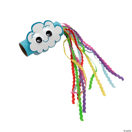 Colorful cloud-themed craft with ribbons on a white background