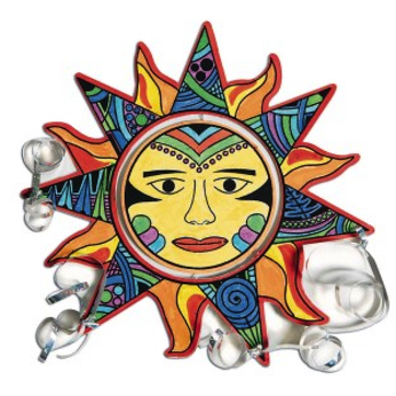 Colorful sun-shaped craft with a face design on a white background