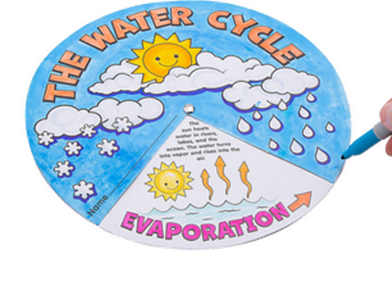 Educational craft of the water cycle with labeled parts on a white background