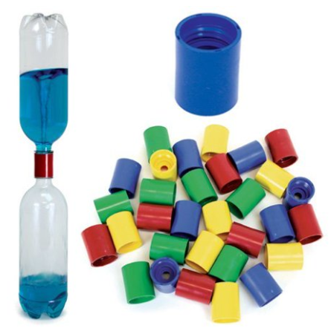 Colorful plastic caps with a bottle containing blue liquid on a white background