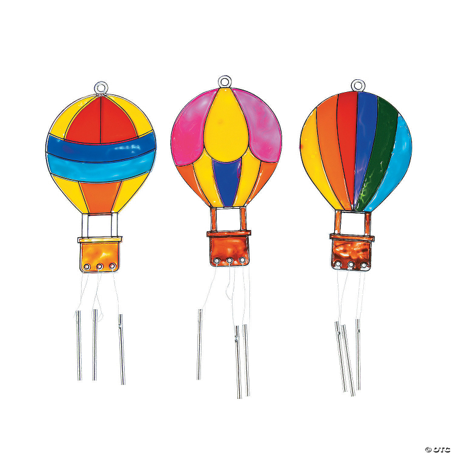 Three colorful hot air balloon chimes on a white background