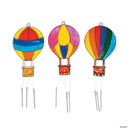 Three colorful hot air balloon chimes on a white background