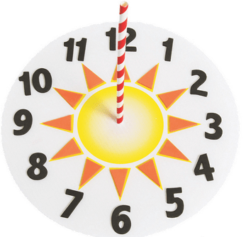 Clock with a sun design and a straw sticking out of the center, on a white background