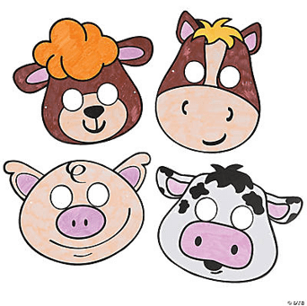 Four cartoon animal faces (horse, cow, pig, and sheep) on a transparent background