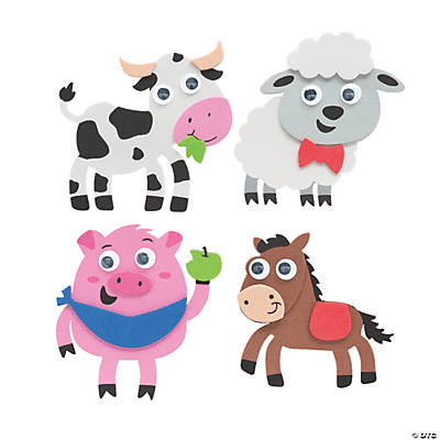 Four cartoon farm animals (cow, sheep, pig, and horse) on a transparent background