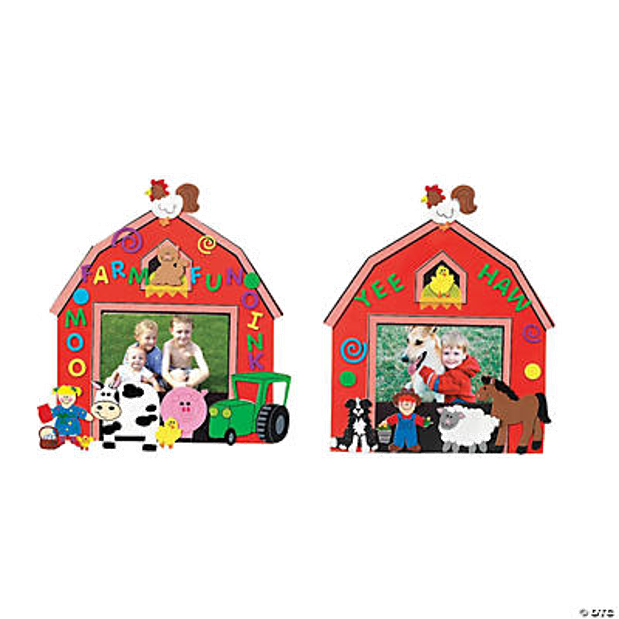 Two colorful barn-shaped photo frames with farm-themed decorations on a white background.