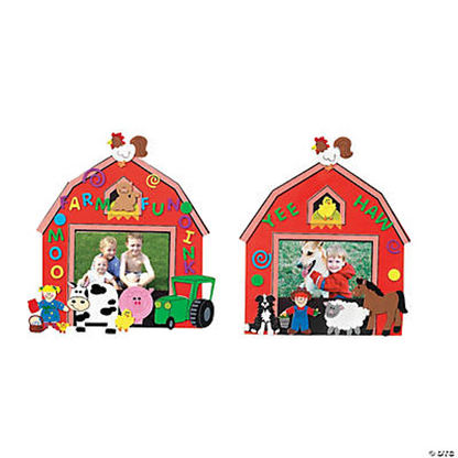 Two colorful barn-shaped photo frames with farm-themed decorations on a white background.